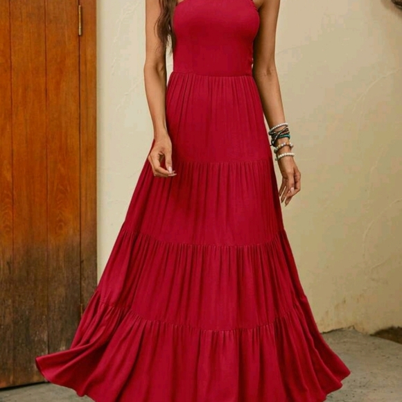 Solid Red Ruffle Hem Long Dress - Picture 3 of 6